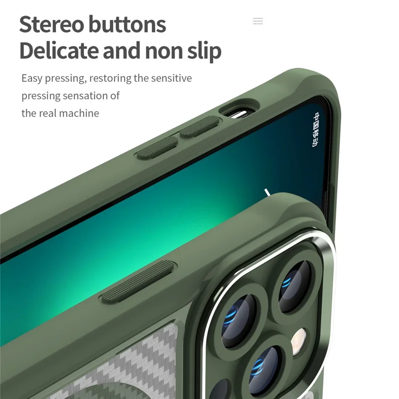 For iPhone 14 Pro Max Magnetic Case TPU+PC Translucent Carbon Fiber Texture Phone Cover - Green