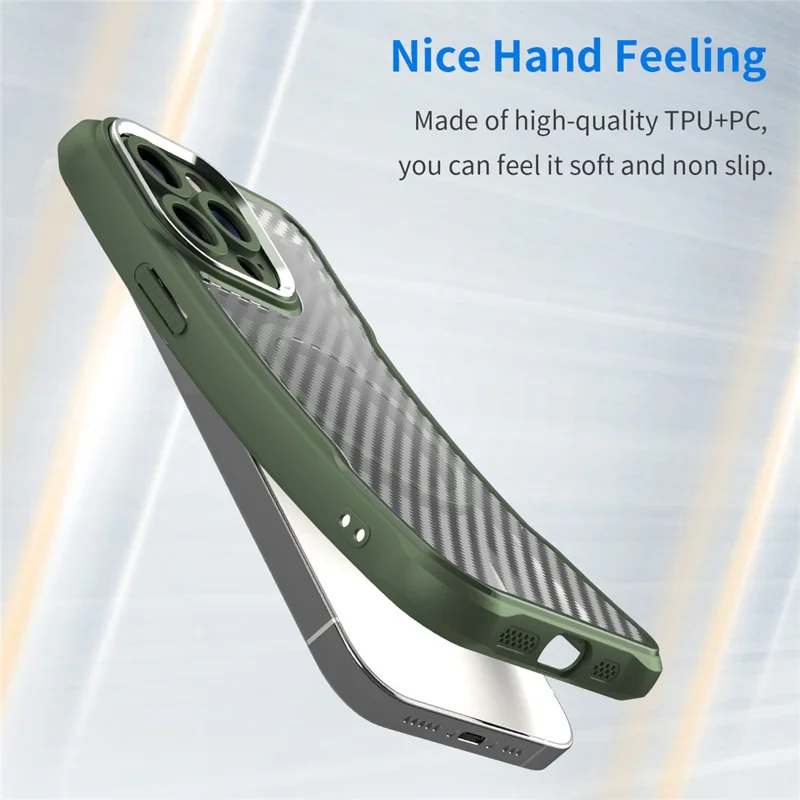 For iPhone 14 Pro Max Magnetic Case TPU+PC Translucent Carbon Fiber Texture Phone Cover - Green