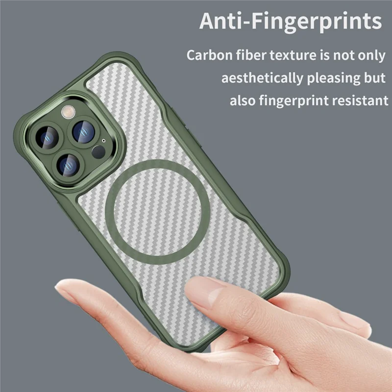 For iPhone 14 Pro Max Magnetic Case TPU+PC Translucent Carbon Fiber Texture Phone Cover - Green