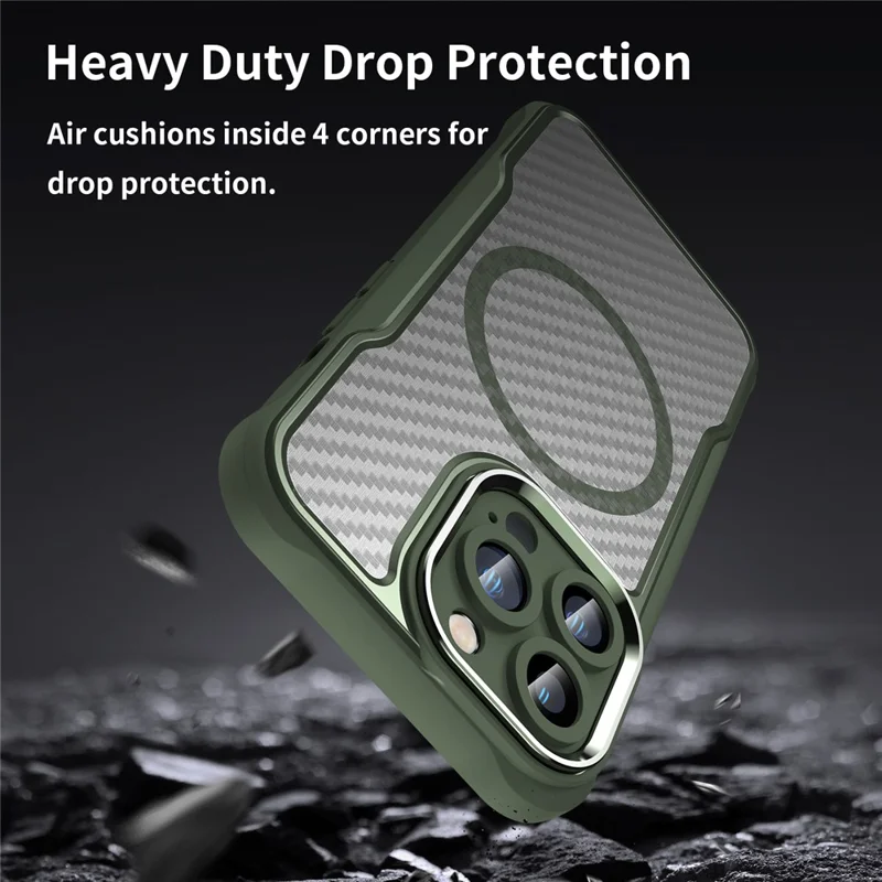 For iPhone 14 Pro Max Magnetic Case TPU+PC Translucent Carbon Fiber Texture Phone Cover - Green