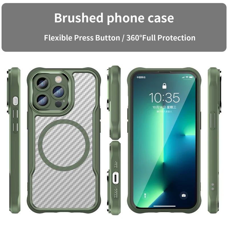 For iPhone 14 Pro Max Magnetic Case TPU+PC Translucent Carbon Fiber Texture Phone Cover - Green