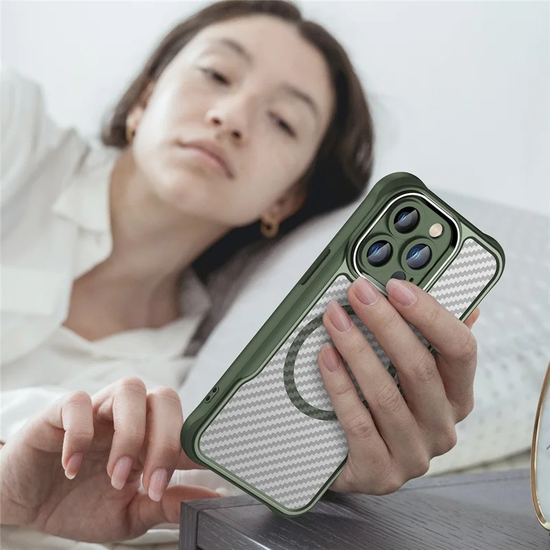 For iPhone 14 Pro Max Magnetic Case TPU+PC Translucent Carbon Fiber Texture Phone Cover - Green