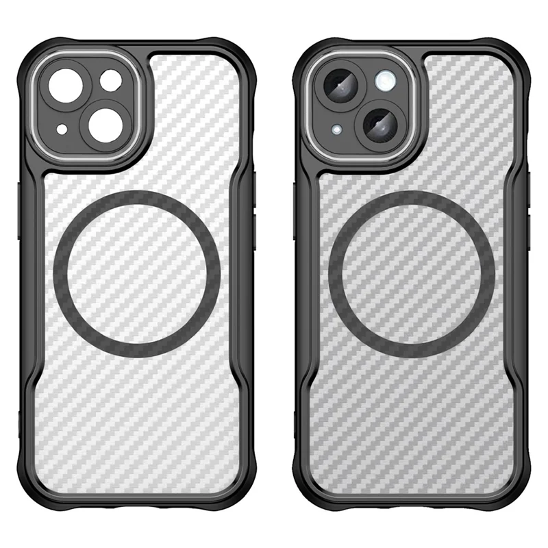 For iPhone 15 Plus / 14 Plus Magnetic Case Translucent Carbon Fiber Texture TPU+PC Phone Cover - Black