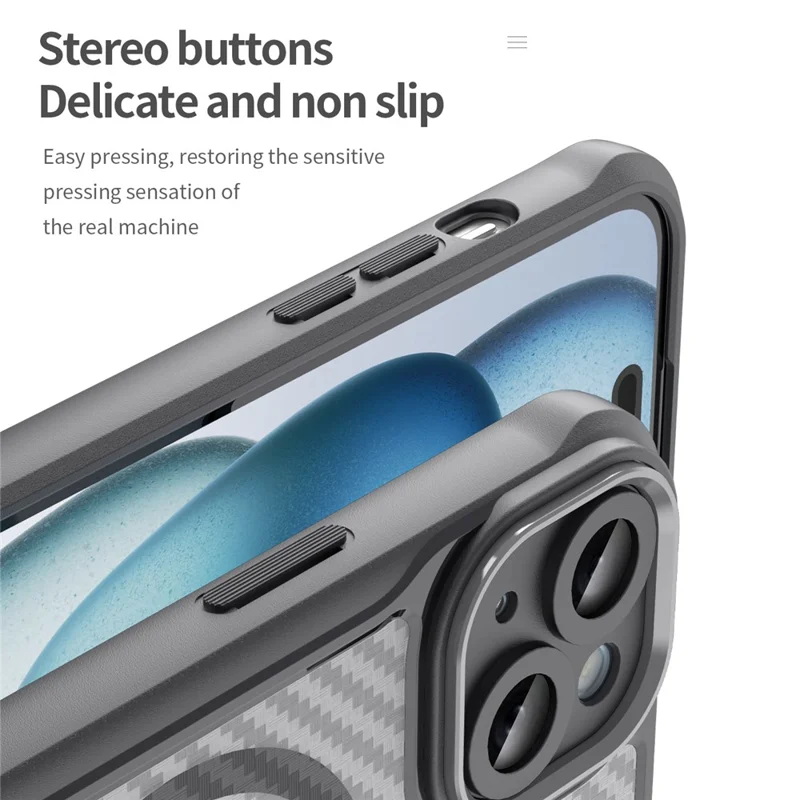 For iPhone 15 Plus / 14 Plus Magnetic Case Translucent Carbon Fiber Texture TPU+PC Phone Cover - Black