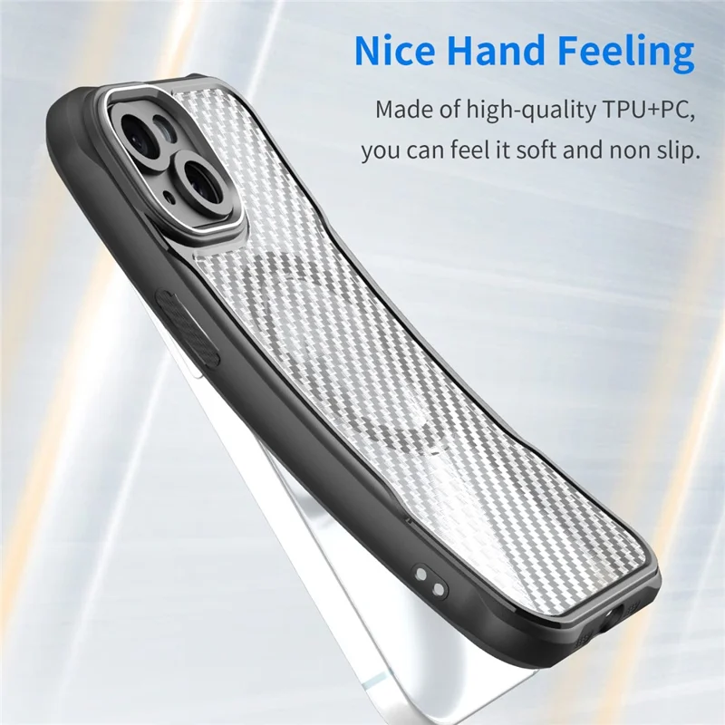 For iPhone 15 Plus / 14 Plus Magnetic Case Translucent Carbon Fiber Texture TPU+PC Phone Cover - Black