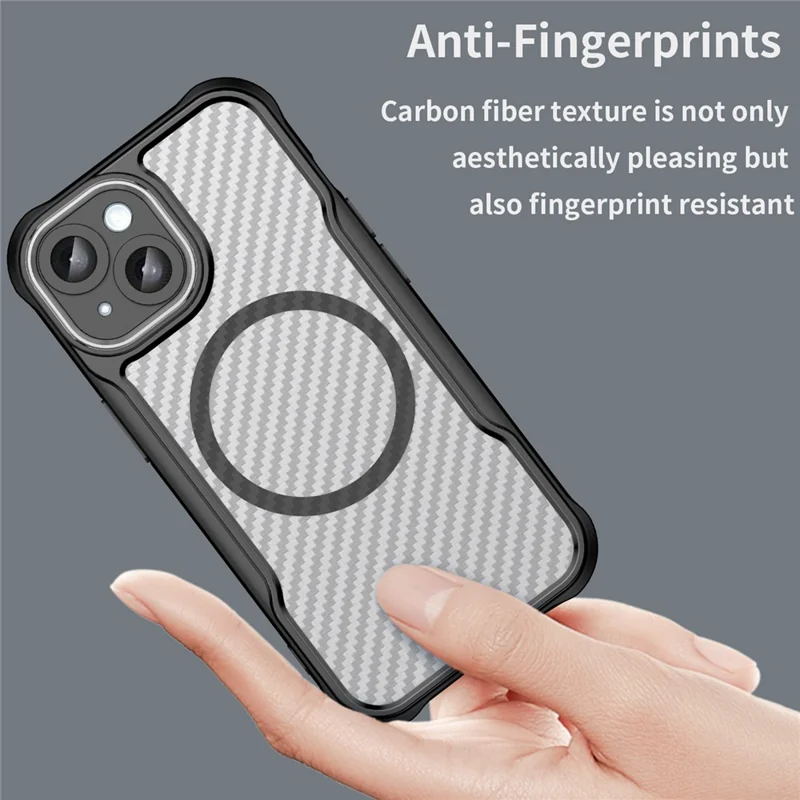 For iPhone 15 Plus / 14 Plus Magnetic Case Translucent Carbon Fiber Texture TPU+PC Phone Cover - Black