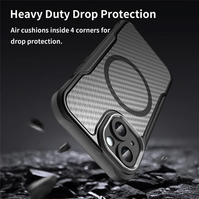 For iPhone 15 Plus / 14 Plus Magnetic Case Translucent Carbon Fiber Texture TPU+PC Phone Cover - Black