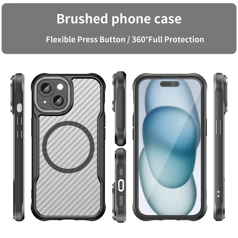 For iPhone 15 Plus / 14 Plus Magnetic Case Translucent Carbon Fiber Texture TPU+PC Phone Cover - Black