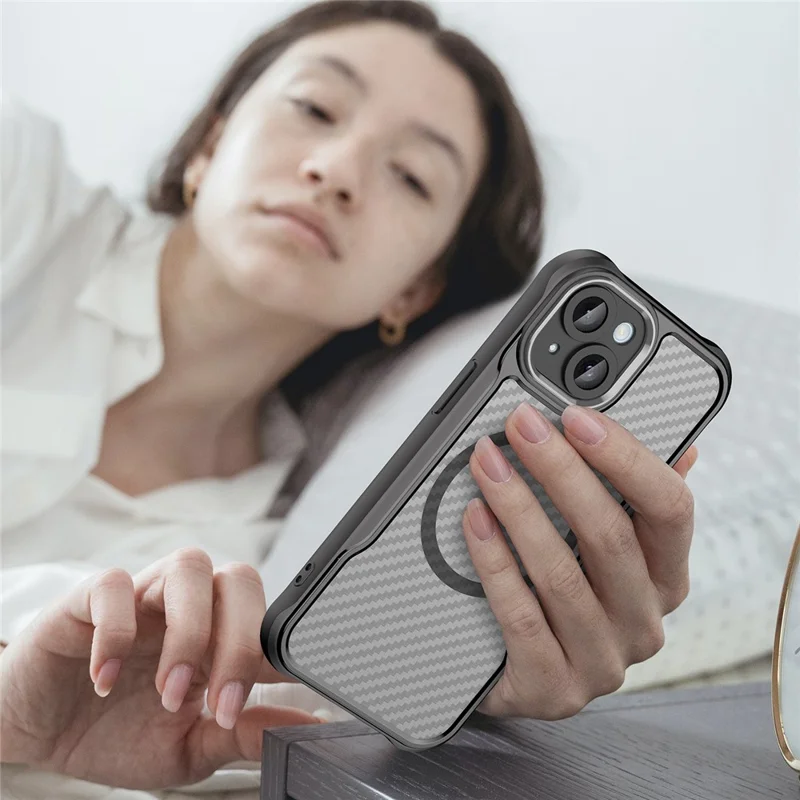 For iPhone 15 Plus / 14 Plus Magnetic Case Translucent Carbon Fiber Texture TPU+PC Phone Cover - Black