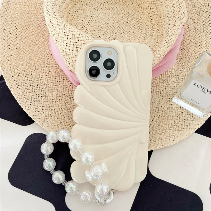 For iPhone 13 Pro Case Seashell Shape Glossy TPU Phone Cover with Bracelet Chain - Beige