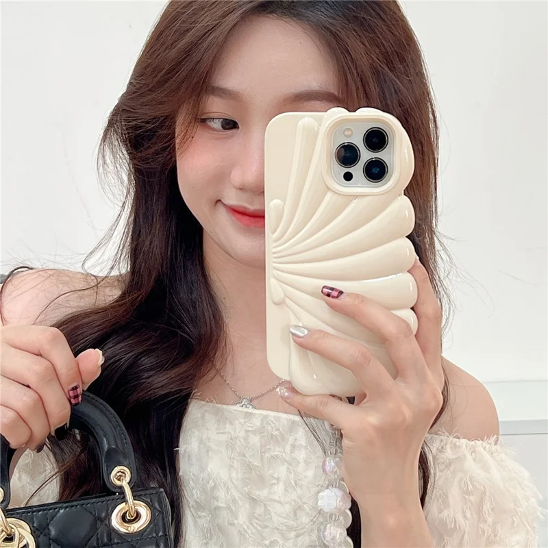 For iPhone 13 Pro Case Seashell Shape Glossy TPU Phone Cover with Bracelet Chain - Beige