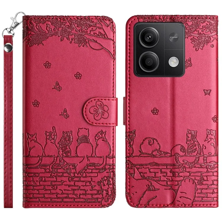 For Xiaomi Redmi Note 13 5G Case with Wrist Strap Leather Phone Cover Wall Cats Pattern - Red