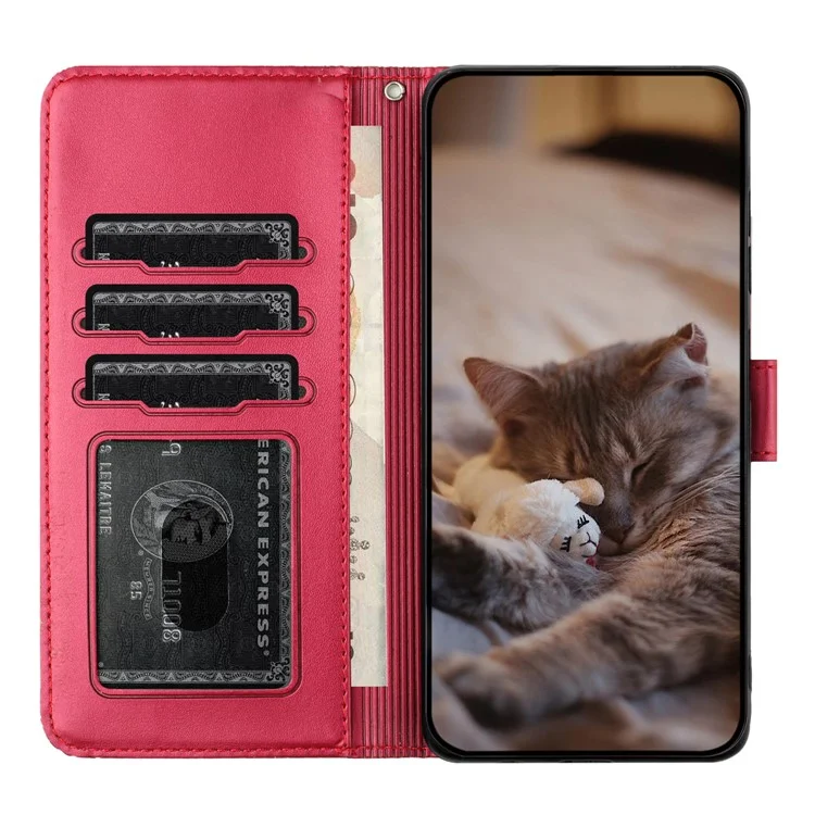 For Xiaomi Redmi Note 13 5G Case with Wrist Strap Leather Phone Cover Wall Cats Pattern - Red