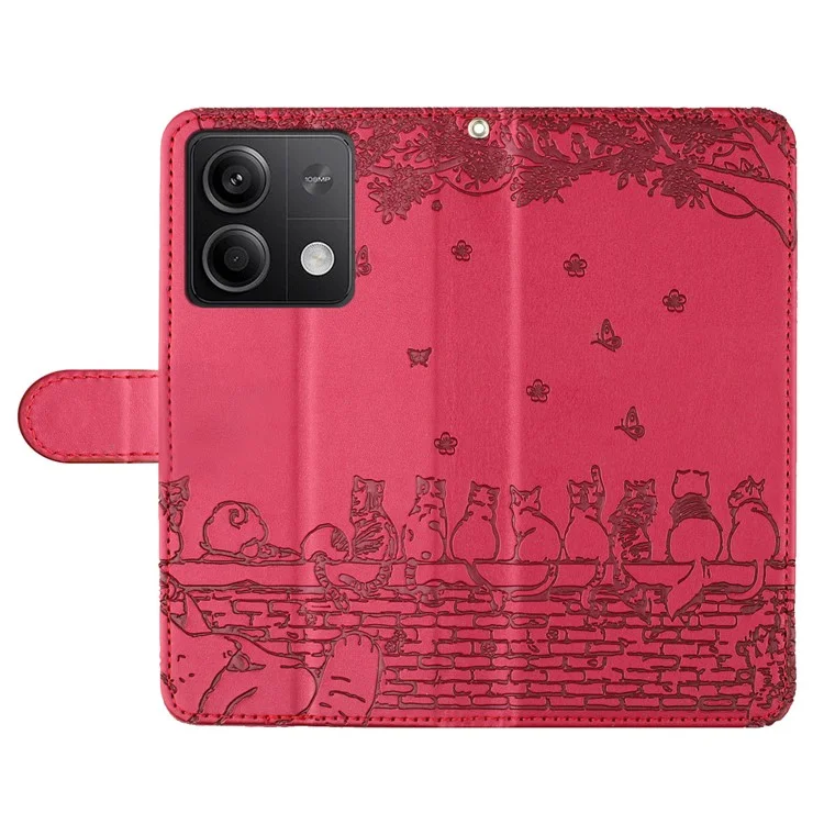 For Xiaomi Redmi Note 13 5G Case with Wrist Strap Leather Phone Cover Wall Cats Pattern - Red
