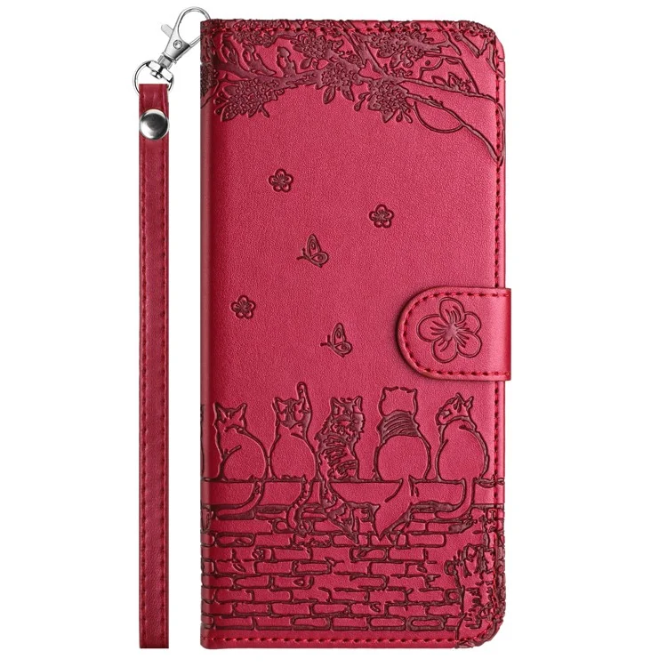 For Xiaomi Redmi Note 13 5G Case with Wrist Strap Leather Phone Cover Wall Cats Pattern - Red