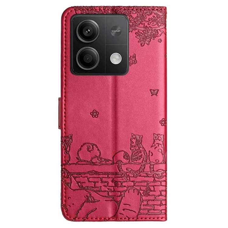 For Xiaomi Redmi Note 13 5G Case with Wrist Strap Leather Phone Cover Wall Cats Pattern - Red