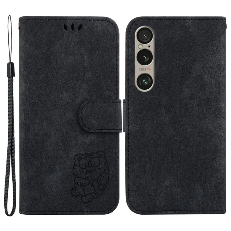 For Sony Xperia 1 VI Leather Case Cute Tiger Pattern Wallet Stand Phone Cover - Black