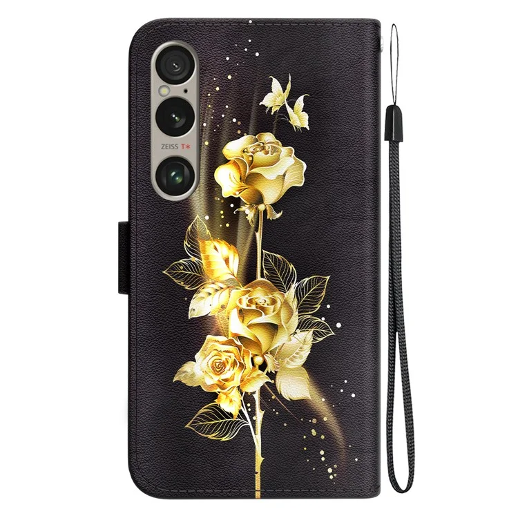 Para Sony Xperia 1 VI Case Compartimento de Efectivo Patrón de Cuero PU Funda Teléfono - Rosa Mariposa Dorada