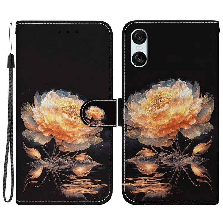 Для Sony Xperia 10 VI Case Wallet Phone Leather Cover with Strap Pattern Printing - Gold Peony