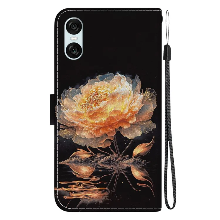 Для Sony Xperia 10 VI Case Wallet Phone Leather Cover with Strap Pattern Printing - Gold Peony