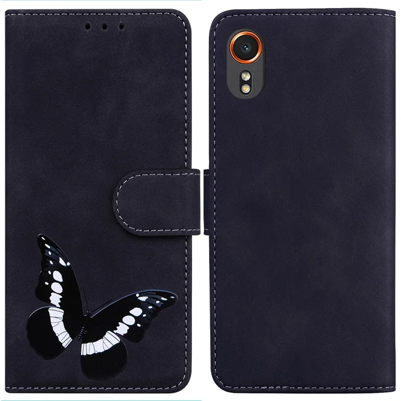 For Samsung Galaxy Xcover7 Case Butterfly Printed Magnetic Shockproof Leather Phone Cover - Black