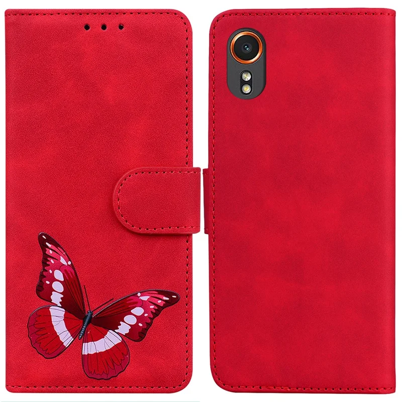For Samsung Galaxy Xcover7 Case Butterfly Printed Magnetic Shockproof Leather Phone Cover - Red