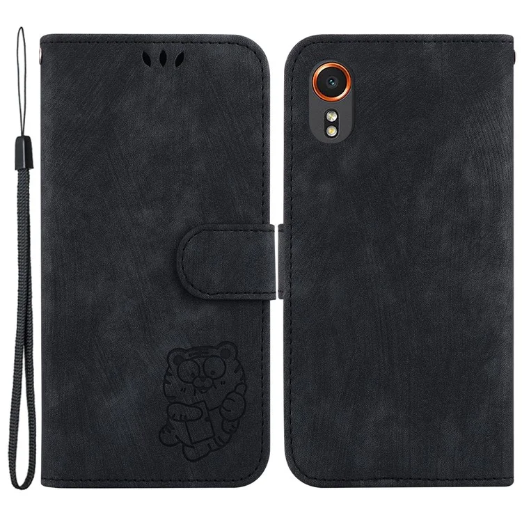 For Samsung Galaxy Xcover7 Case Cute Tiger Leather Card Holder / Cash Slots Phone Cover - Black