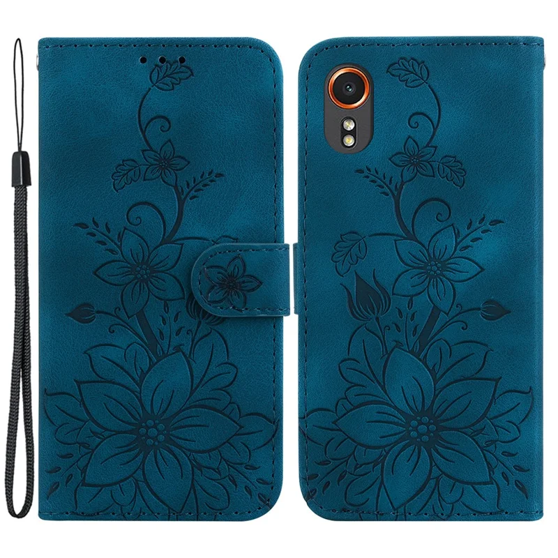For Samsung Galaxy Xcover7 Case Flower Leather Phone Cover with Wallet Function - Dark Blue