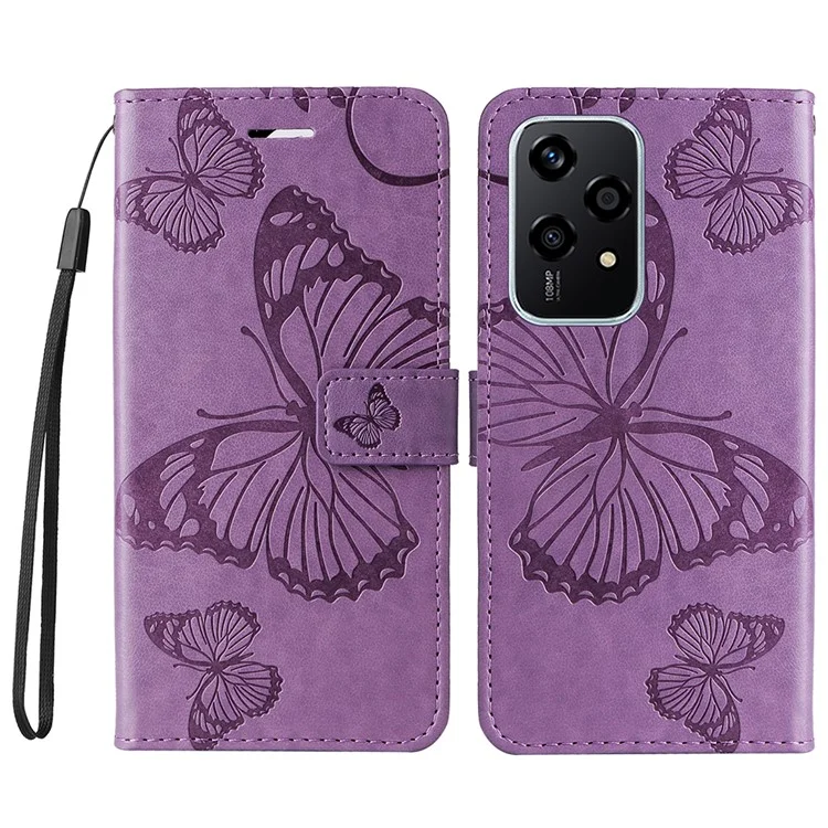 For Honor 200 Lite Wallet Case Floral Butterfly Imprinted Leather Phone Cover Stand - Purple