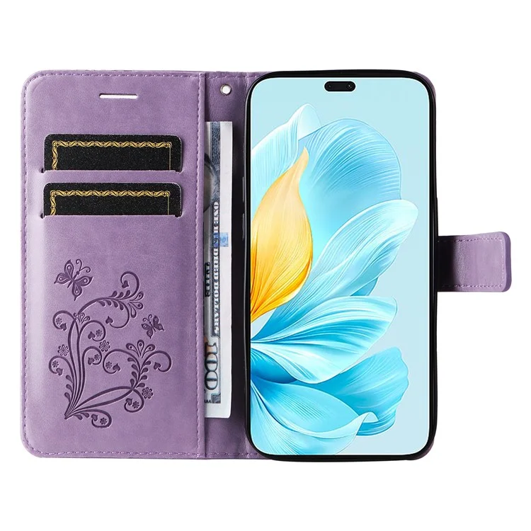 For Honor 200 Lite Wallet Case Floral Butterfly Imprinted Leather Phone Cover Stand - Purple