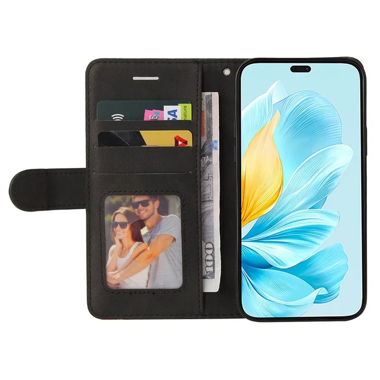 For Honor 200 Lite Leather Case Wallet Stand Color Splicing Phone Cover - Black