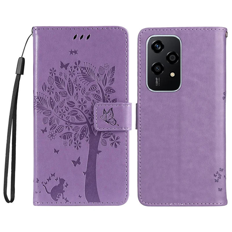 For Honor 200 Lite Phone Case with Stand Cat Tree Pattern Leather Wallet Mobile Cover - Light Purple