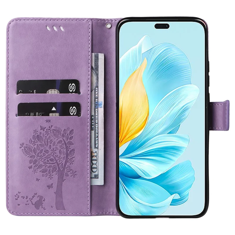For Honor 200 Lite Phone Case with Stand Cat Tree Pattern Leather Wallet Mobile Cover - Light Purple