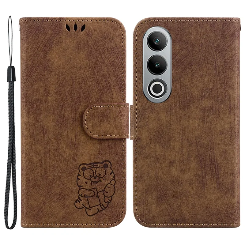 For OnePlus Nord CE4 5G Case Cute Tiger Pattern Phone Leather Cover with Strap - Brown