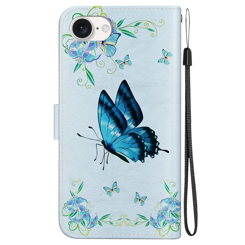 Para iPhone SE (2024) Case Pattern Print Scratch-Proof Leather Phone Cover com Carteira - Flor Azul de Borboleta