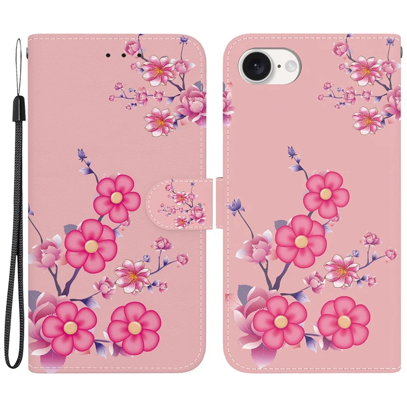 For iPhone 16e Case Pattern Print Scratch-Proof Leather Phone Cover with Wallet - Sakura
