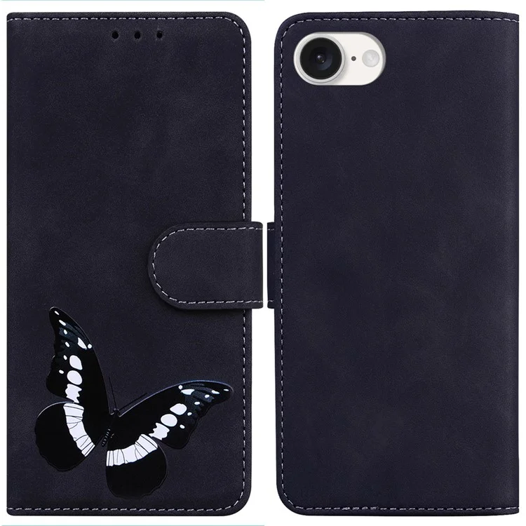 For iPhone 16e Case Butterfly Pattern Wallet Stand Leather Phone Cover - Black