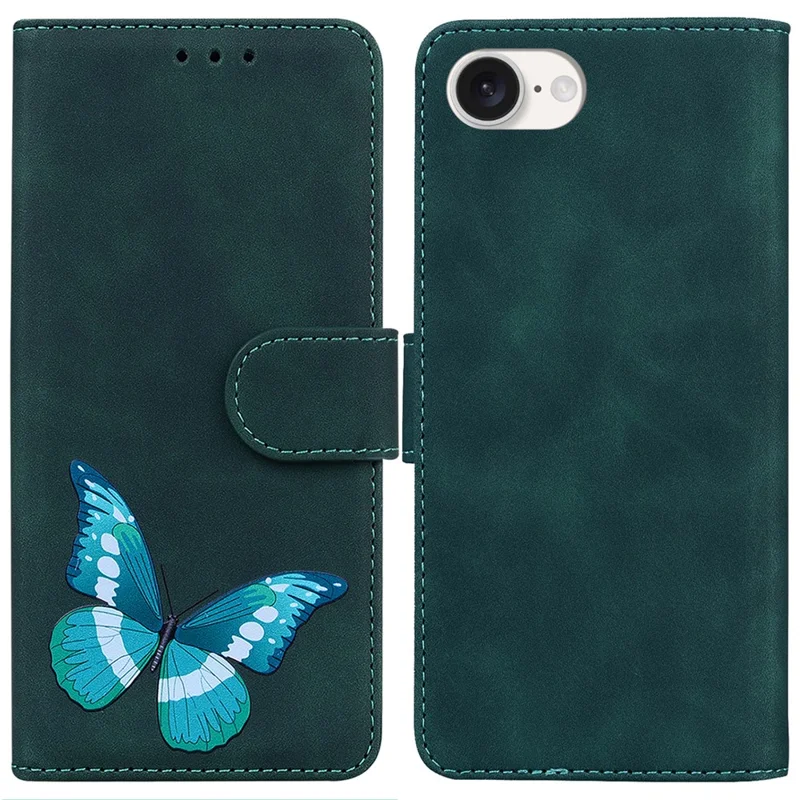 For iPhone 16e Hoesje met Vlinderpatroon Portemonnee Stand Leren Telefoonhoes - Groen