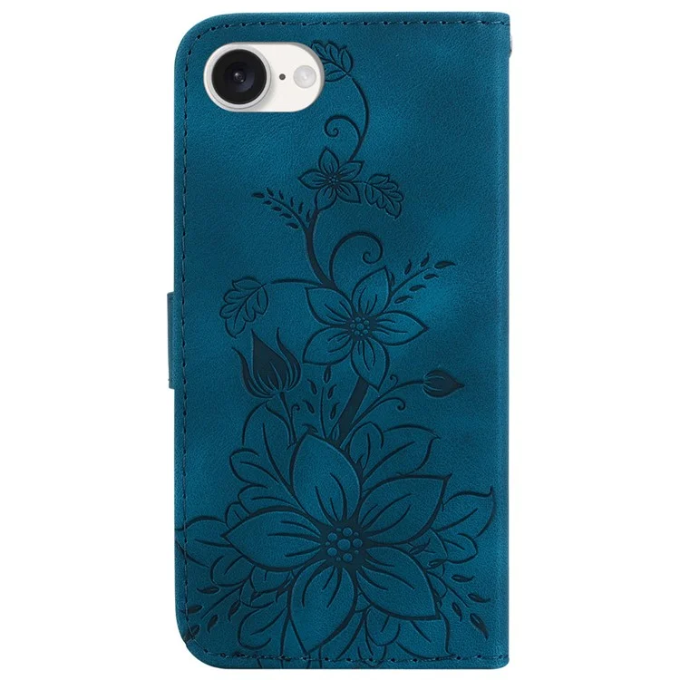 For iPhone 16e Cell Phone Cases Floral Imprinted PU Leather Flip Protective Cover - Dark Blue