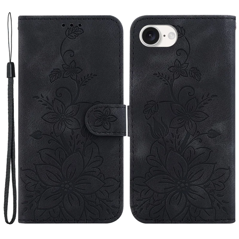 For iPhone 17e / 16e Cell Phone Cases Floral Imprinted PU Leather Flip Protective Cover - Black