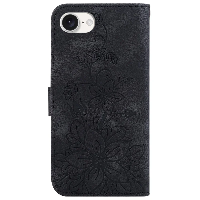 For iPhone 17e / 16e Cell Phone Cases Floral Imprinted PU Leather Flip Protective Cover - Black