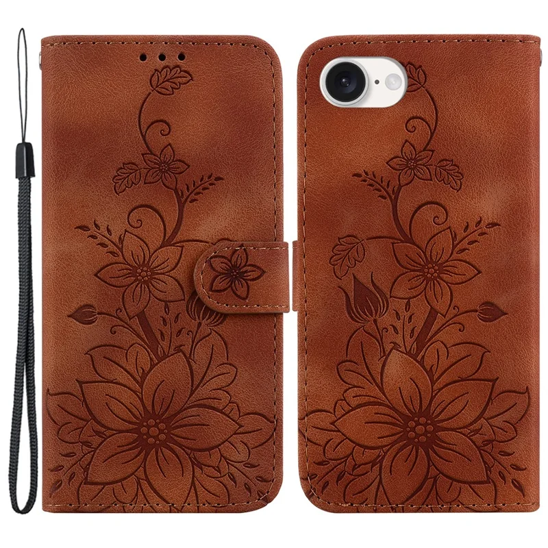 For iPhone 17e / 16e Cell Phone Cases Floral Imprinted PU Leather Flip Protective Cover - Brown
