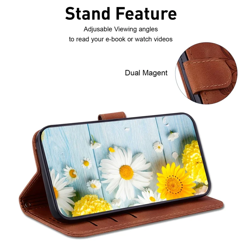 For iPhone 17e / 16e Cell Phone Cases Floral Imprinted PU Leather Flip Protective Cover - Brown