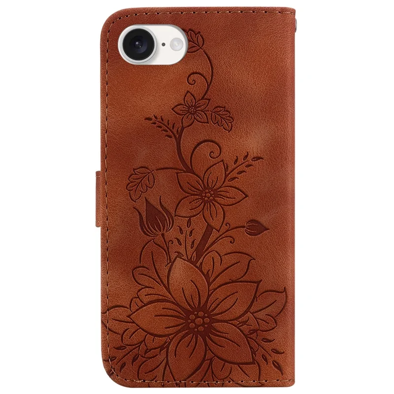 For iPhone 17e / 16e Cell Phone Cases Floral Imprinted PU Leather Flip Protective Cover - Brown
