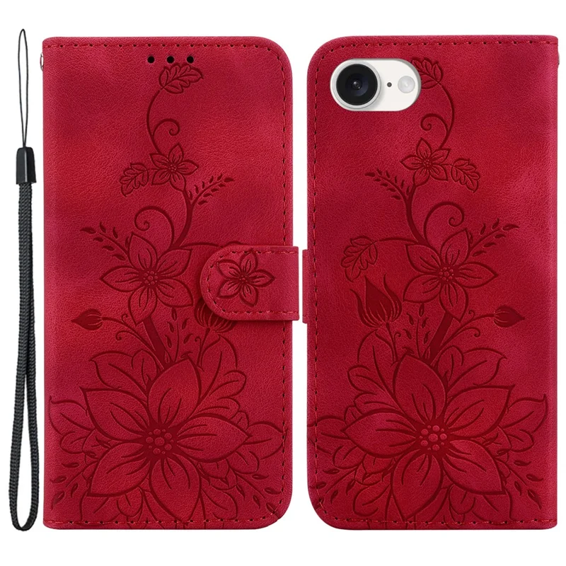 For iPhone 17e / 16e Cell Phone Cases Floral Imprinted PU Leather Flip Protective Cover - Red