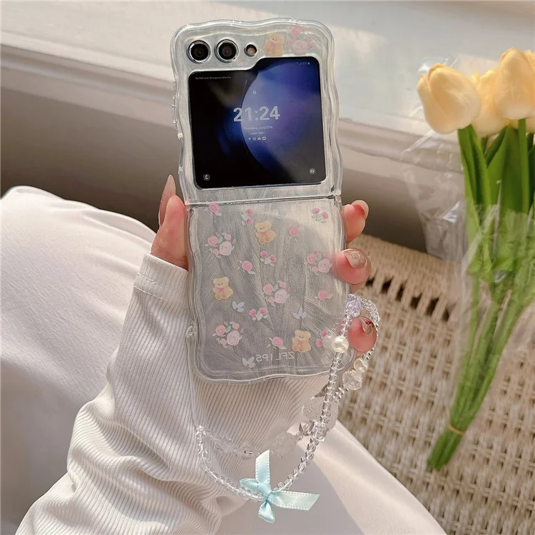 For Samsung Galaxy Z Flip5 5G Case Pattern Print Hard PC Phone Cover with Strap - Flower / Bear