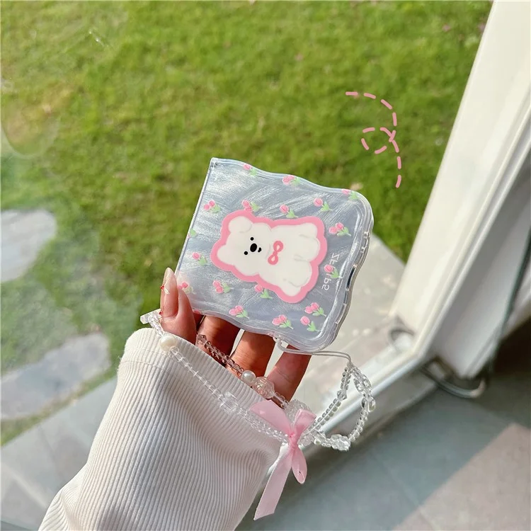For Samsung Galaxy Z Flip5 5G Case Pattern Print Hard PC Phone Cover with Strap - Flower / Bear