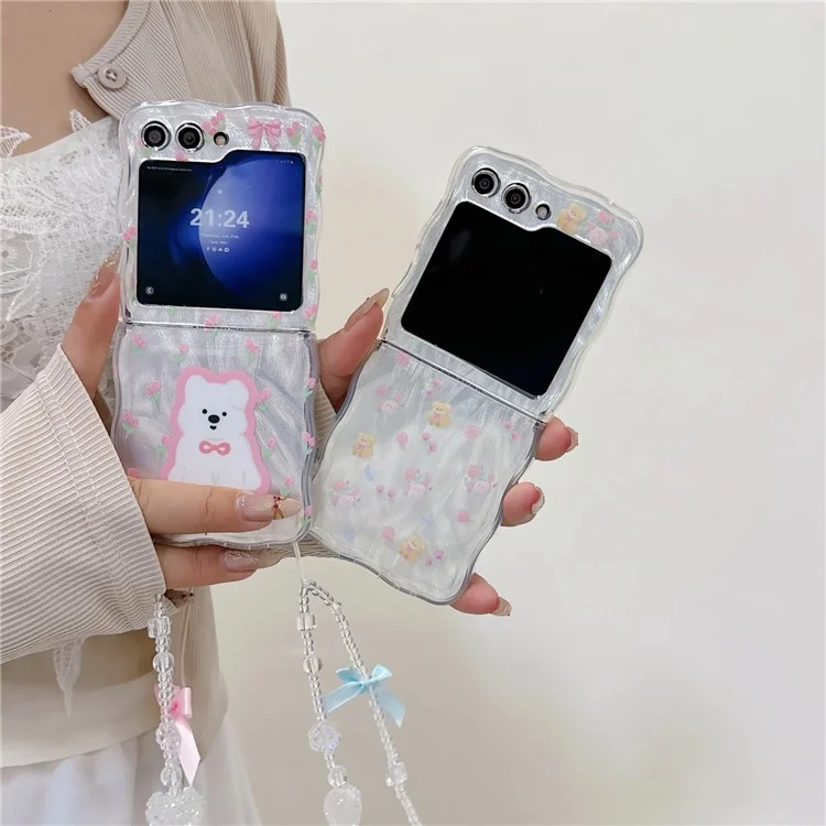 For Samsung Galaxy Z Flip5 5G Case Pattern Print Hard PC Phone Cover with Strap - Flower / Bear