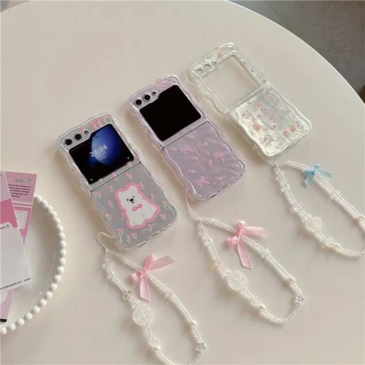 For Samsung Galaxy Z Flip5 5G Case Pattern Print Hard PC Phone Cover with Strap - Flower / Bear