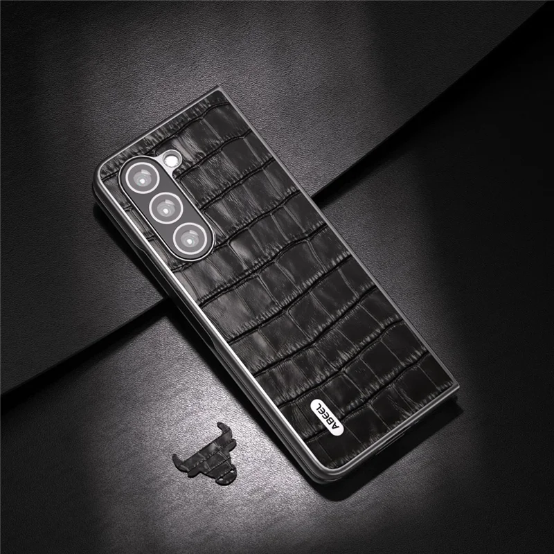 ABEEL For Samsung Galaxy Z Fold6 5G Case Crocodile Texture Genuine Cow Leather+PC Phone Cover - Black